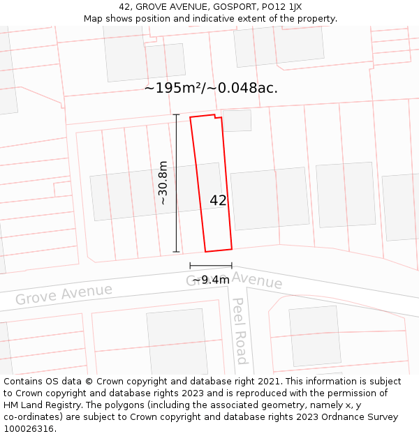 42, GROVE AVENUE, GOSPORT, PO12 1JX: Plot and title map