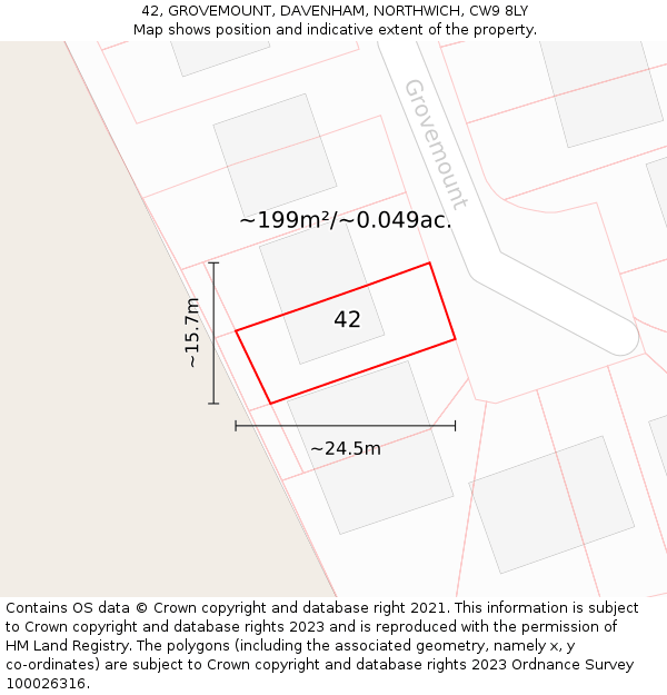 42, GROVEMOUNT, DAVENHAM, NORTHWICH, CW9 8LY: Plot and title map