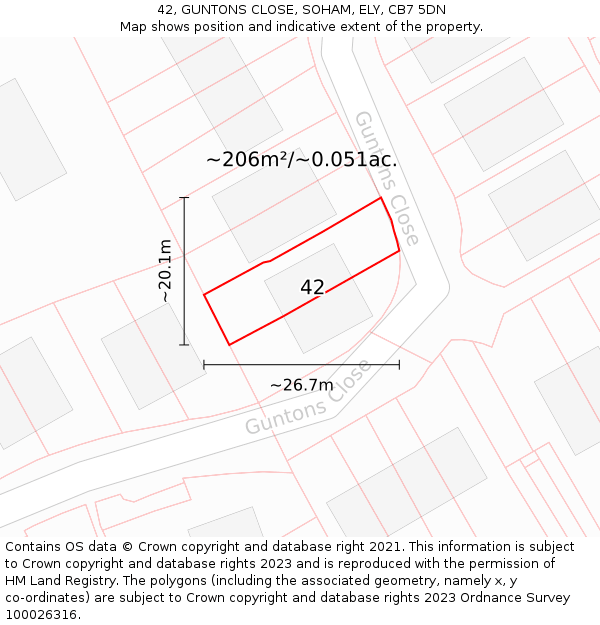 42, GUNTONS CLOSE, SOHAM, ELY, CB7 5DN: Plot and title map