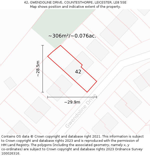 42, GWENDOLINE DRIVE, COUNTESTHORPE, LEICESTER, LE8 5SE: Plot and title map