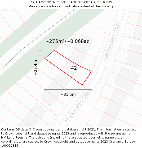 42, HACKENDEN CLOSE, EAST GRINSTEAD, RH19 3DS: Plot and title map