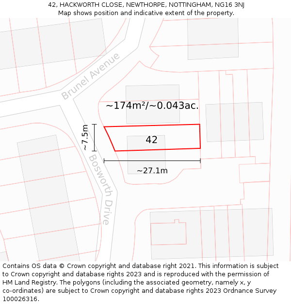 42, HACKWORTH CLOSE, NEWTHORPE, NOTTINGHAM, NG16 3NJ: Plot and title map