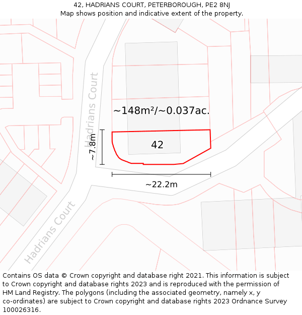 42, HADRIANS COURT, PETERBOROUGH, PE2 8NJ: Plot and title map