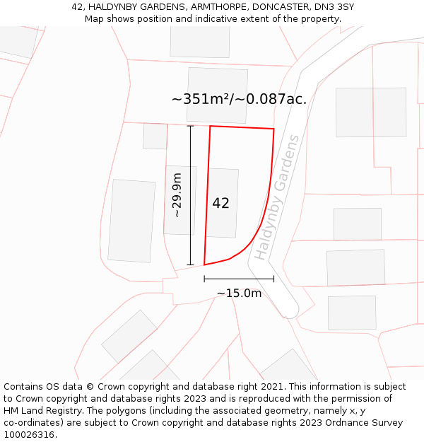42, HALDYNBY GARDENS, ARMTHORPE, DONCASTER, DN3 3SY: Plot and title map