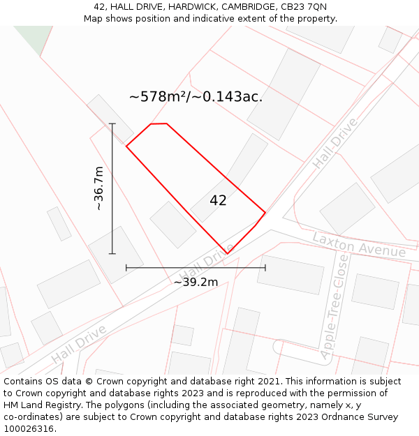 42, HALL DRIVE, HARDWICK, CAMBRIDGE, CB23 7QN: Plot and title map