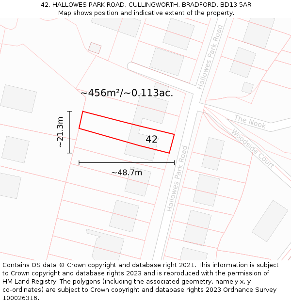 42, HALLOWES PARK ROAD, CULLINGWORTH, BRADFORD, BD13 5AR: Plot and title map