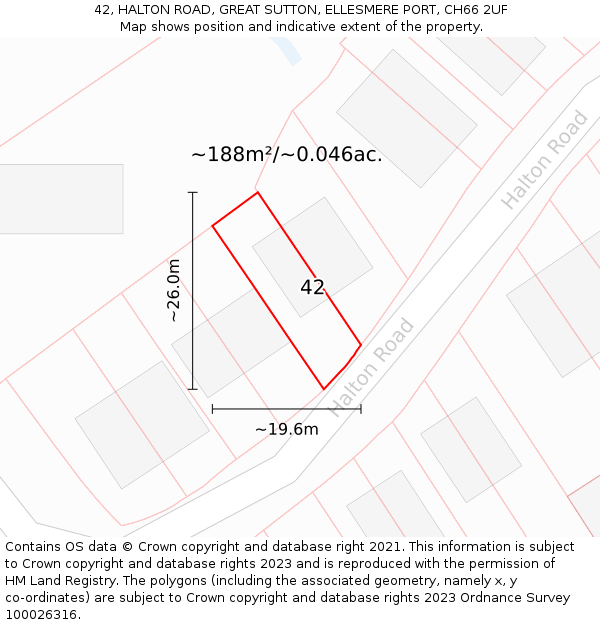 42, HALTON ROAD, GREAT SUTTON, ELLESMERE PORT, CH66 2UF: Plot and title map