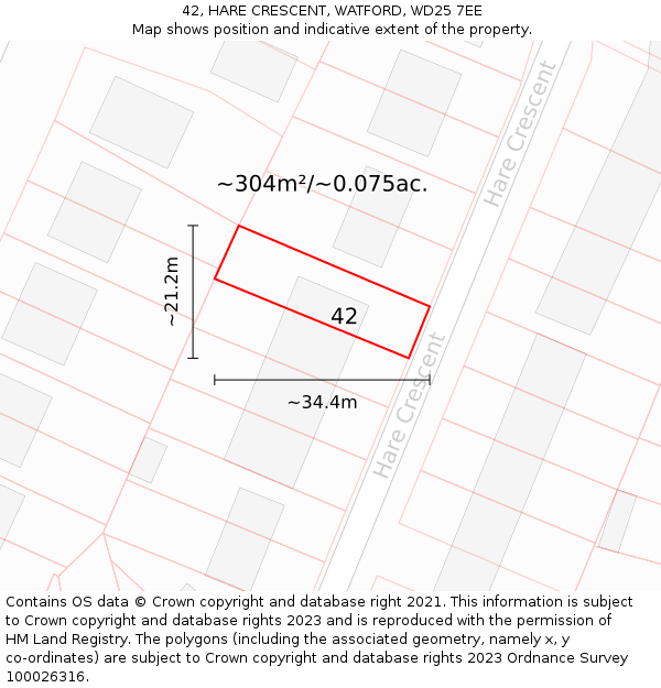 42, HARE CRESCENT, WATFORD, WD25 7EE: Plot and title map