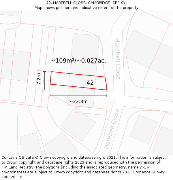 42, HAREBELL CLOSE, CAMBRIDGE, CB1 9YL: Plot and title map