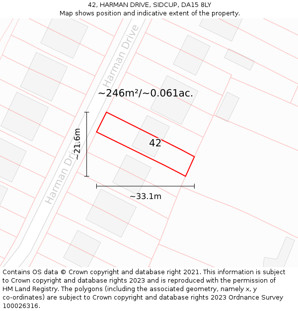42, HARMAN DRIVE, SIDCUP, DA15 8LY: Plot and title map