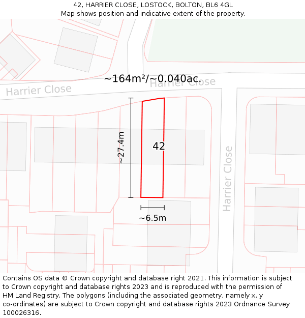 42, HARRIER CLOSE, LOSTOCK, BOLTON, BL6 4GL: Plot and title map