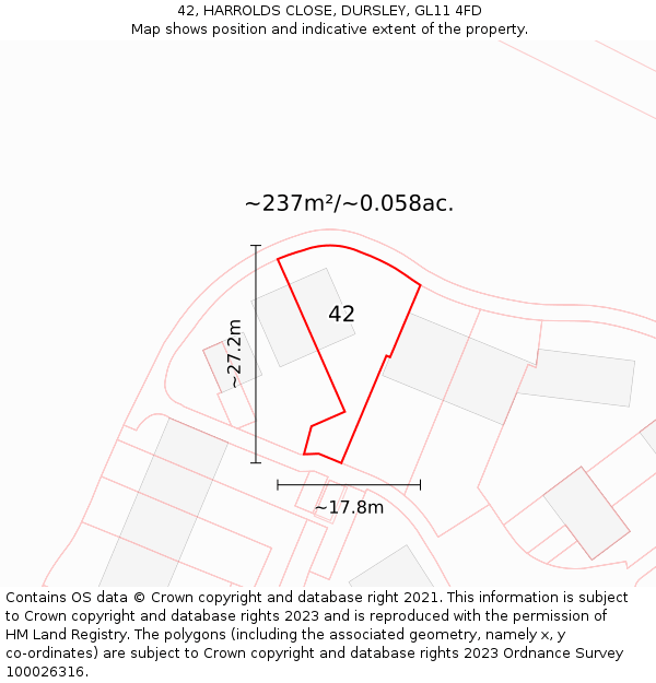 42, HARROLDS CLOSE, DURSLEY, GL11 4FD: Plot and title map