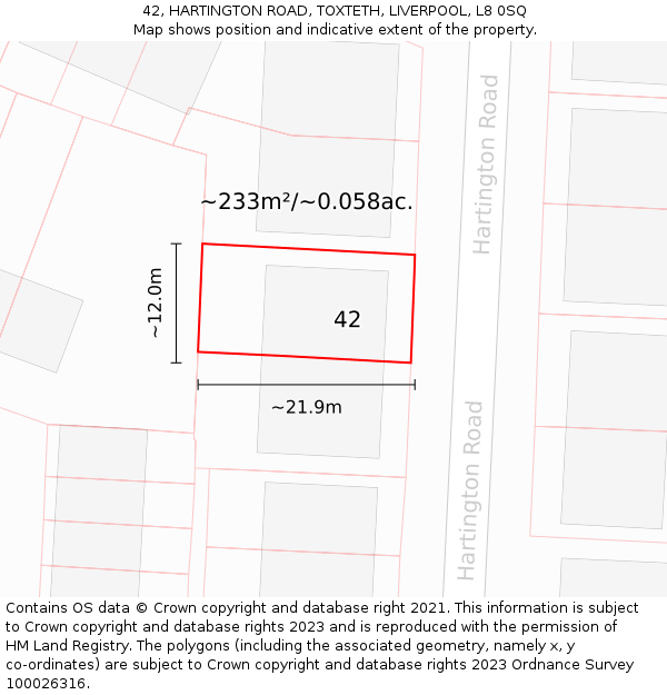 42, HARTINGTON ROAD, TOXTETH, LIVERPOOL, L8 0SQ: Plot and title map