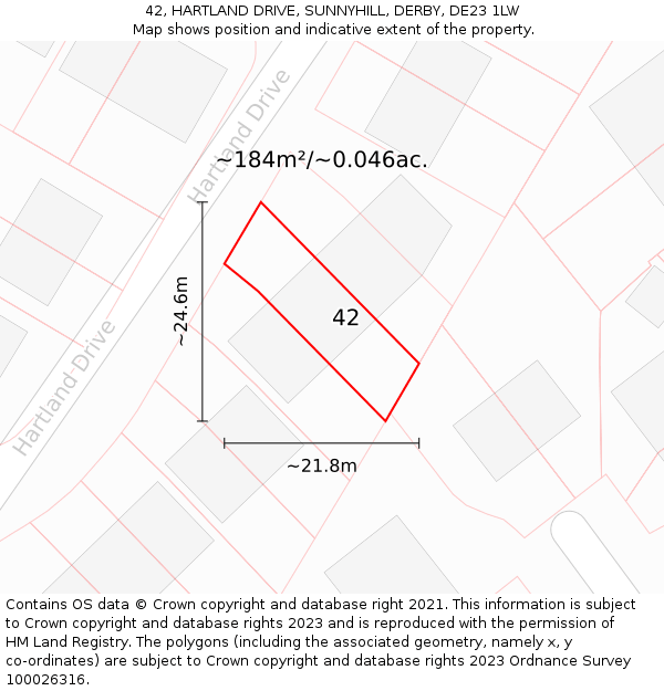 42, HARTLAND DRIVE, SUNNYHILL, DERBY, DE23 1LW: Plot and title map
