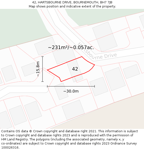 42, HARTSBOURNE DRIVE, BOURNEMOUTH, BH7 7JB: Plot and title map