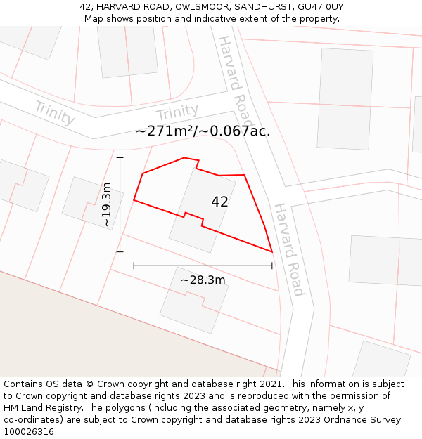 42, HARVARD ROAD, OWLSMOOR, SANDHURST, GU47 0UY: Plot and title map