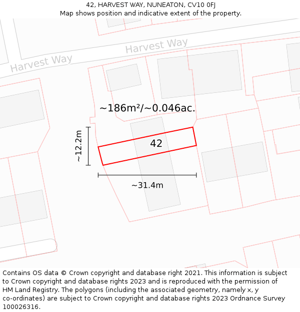 42, HARVEST WAY, NUNEATON, CV10 0FJ: Plot and title map