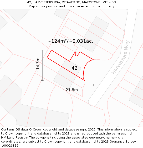 42, HARVESTERS WAY, WEAVERING, MAIDSTONE, ME14 5SJ: Plot and title map