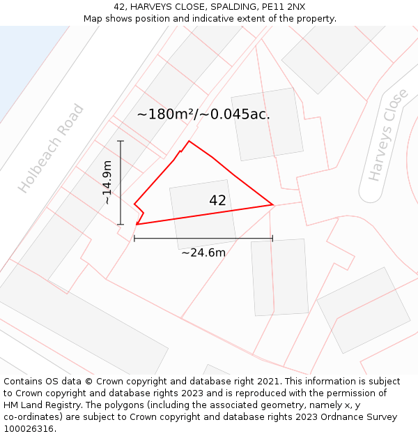 42, HARVEYS CLOSE, SPALDING, PE11 2NX: Plot and title map