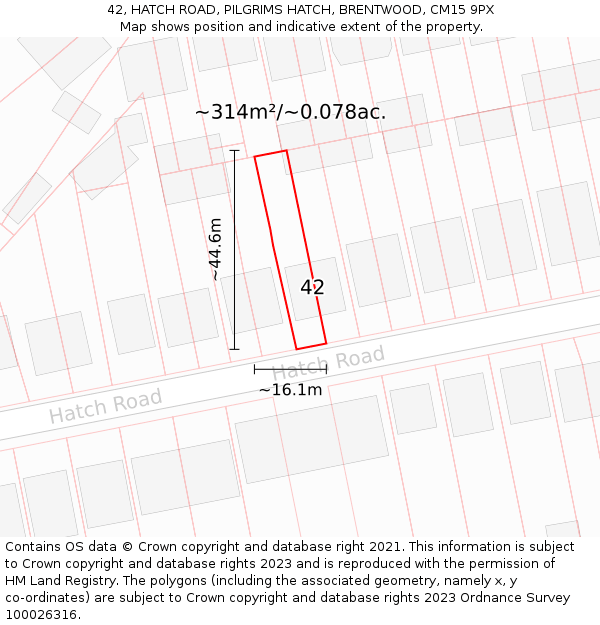 42, HATCH ROAD, PILGRIMS HATCH, BRENTWOOD, CM15 9PX: Plot and title map
