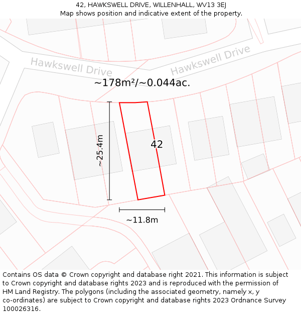 42, HAWKSWELL DRIVE, WILLENHALL, WV13 3EJ: Plot and title map