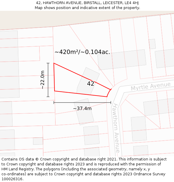 42, HAWTHORN AVENUE, BIRSTALL, LEICESTER, LE4 4HJ: Plot and title map