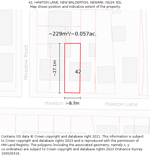 42, HAWTON LANE, NEW BALDERTON, NEWARK, NG24 3DL: Plot and title map