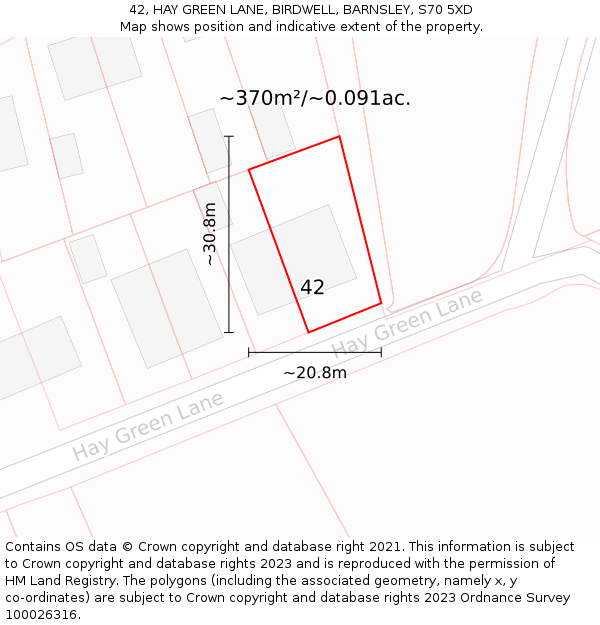 42, HAY GREEN LANE, BIRDWELL, BARNSLEY, S70 5XD: Plot and title map