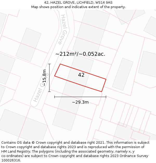 42, HAZEL GROVE, LICHFIELD, WS14 9AS: Plot and title map