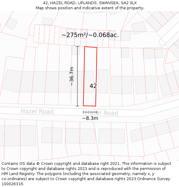 42, HAZEL ROAD, UPLANDS, SWANSEA, SA2 0LX: Plot and title map