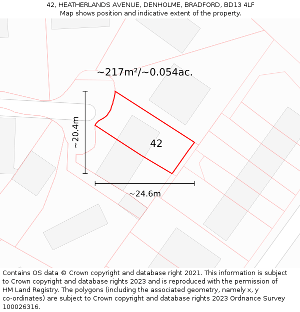 42, HEATHERLANDS AVENUE, DENHOLME, BRADFORD, BD13 4LF: Plot and title map