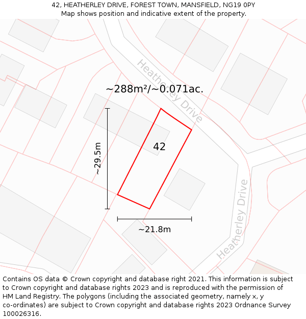 42, HEATHERLEY DRIVE, FOREST TOWN, MANSFIELD, NG19 0PY: Plot and title map