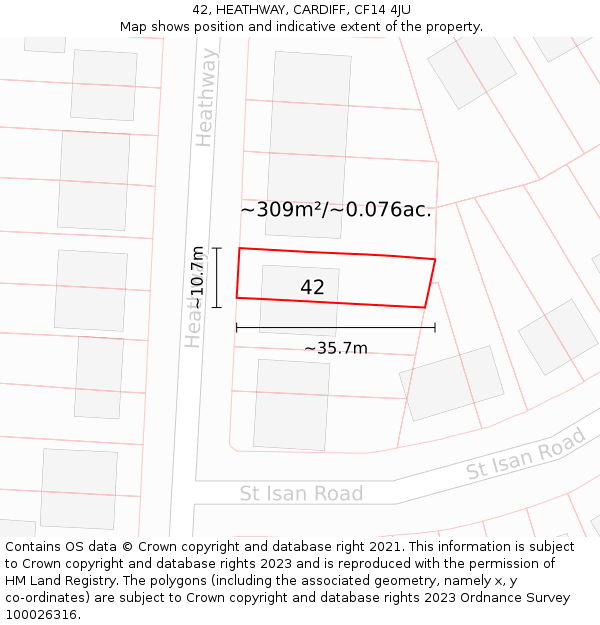 42, HEATHWAY, CARDIFF, CF14 4JU: Plot and title map