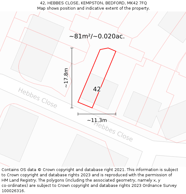 42, HEBBES CLOSE, KEMPSTON, BEDFORD, MK42 7FQ: Plot and title map