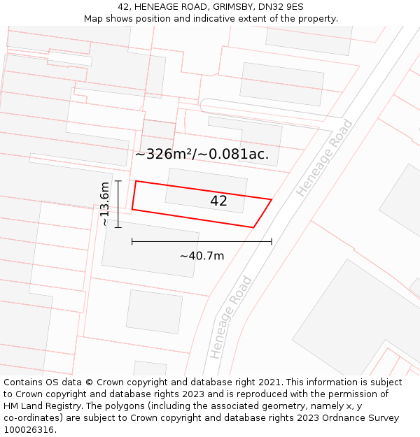 42, HENEAGE ROAD, GRIMSBY, DN32 9ES: Plot and title map