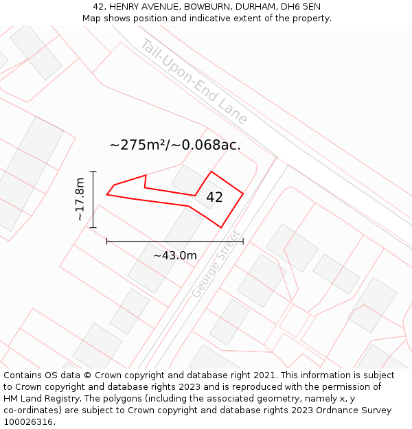 42, HENRY AVENUE, BOWBURN, DURHAM, DH6 5EN: Plot and title map