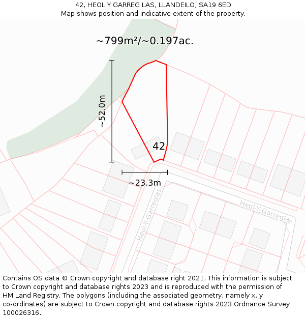 42, HEOL Y GARREG LAS, LLANDEILO, SA19 6ED: Plot and title map