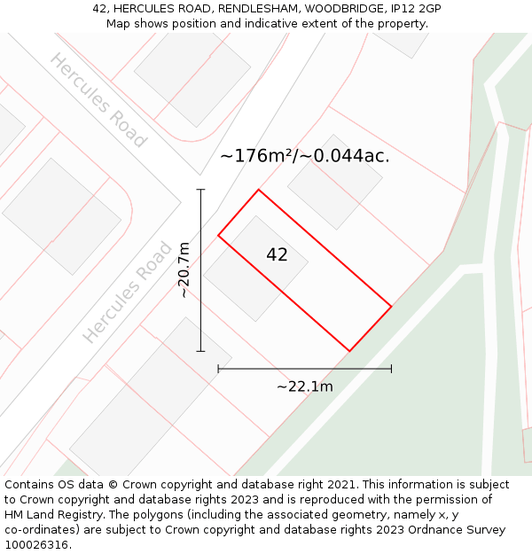 42, HERCULES ROAD, RENDLESHAM, WOODBRIDGE, IP12 2GP: Plot and title map