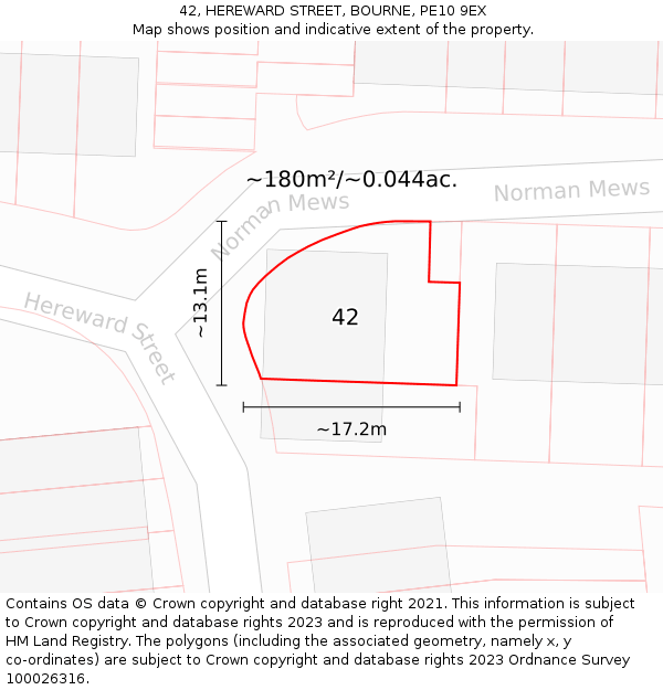42, HEREWARD STREET, BOURNE, PE10 9EX: Plot and title map