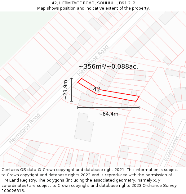 42, HERMITAGE ROAD, SOLIHULL, B91 2LP: Plot and title map