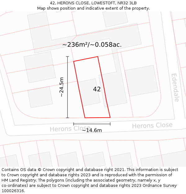 42, HERONS CLOSE, LOWESTOFT, NR32 3LB: Plot and title map