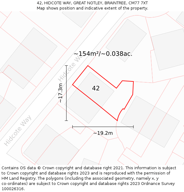 42, HIDCOTE WAY, GREAT NOTLEY, BRAINTREE, CM77 7XT: Plot and title map