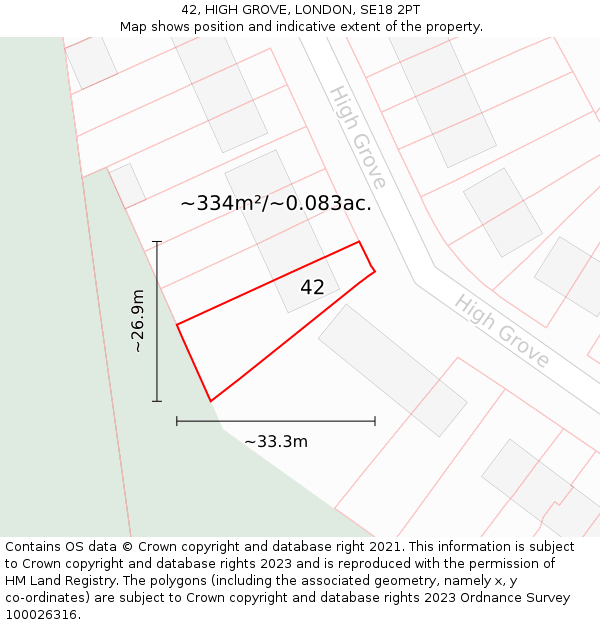 42, HIGH GROVE, LONDON, SE18 2PT: Plot and title map