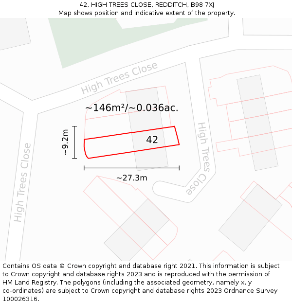 42, HIGH TREES CLOSE, REDDITCH, B98 7XJ: Plot and title map