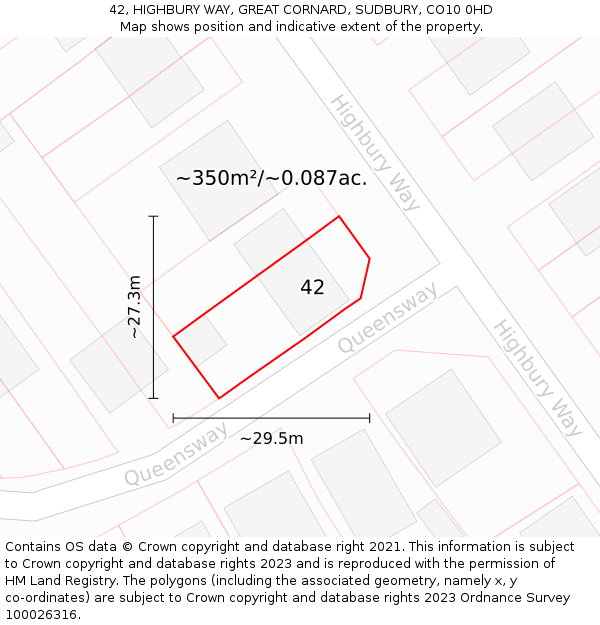 42, HIGHBURY WAY, GREAT CORNARD, SUDBURY, CO10 0HD: Plot and title map