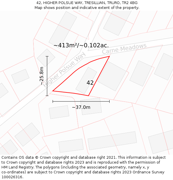 42, HIGHER POLSUE WAY, TRESILLIAN, TRURO, TR2 4BG: Plot and title map