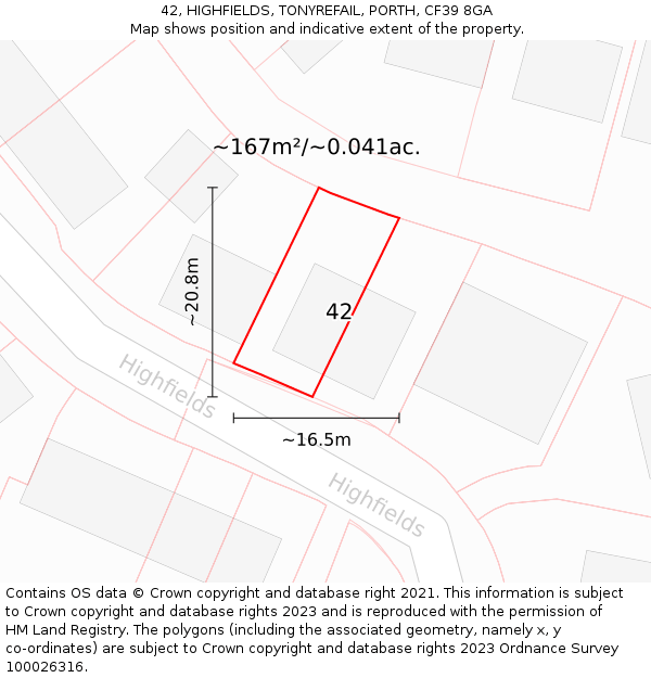42, HIGHFIELDS, TONYREFAIL, PORTH, CF39 8GA: Plot and title map