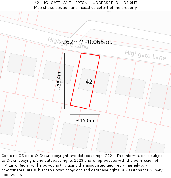 42, HIGHGATE LANE, LEPTON, HUDDERSFIELD, HD8 0HB: Plot and title map
