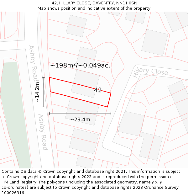 42, HILLARY CLOSE, DAVENTRY, NN11 0SN: Plot and title map