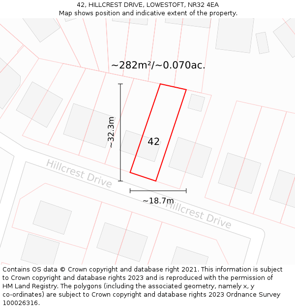42, HILLCREST DRIVE, LOWESTOFT, NR32 4EA: Plot and title map